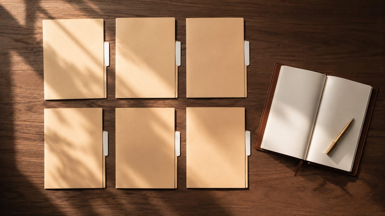 An overhead view of a clean wooden desk with neatly arranged paper folders organised in a grid pattern