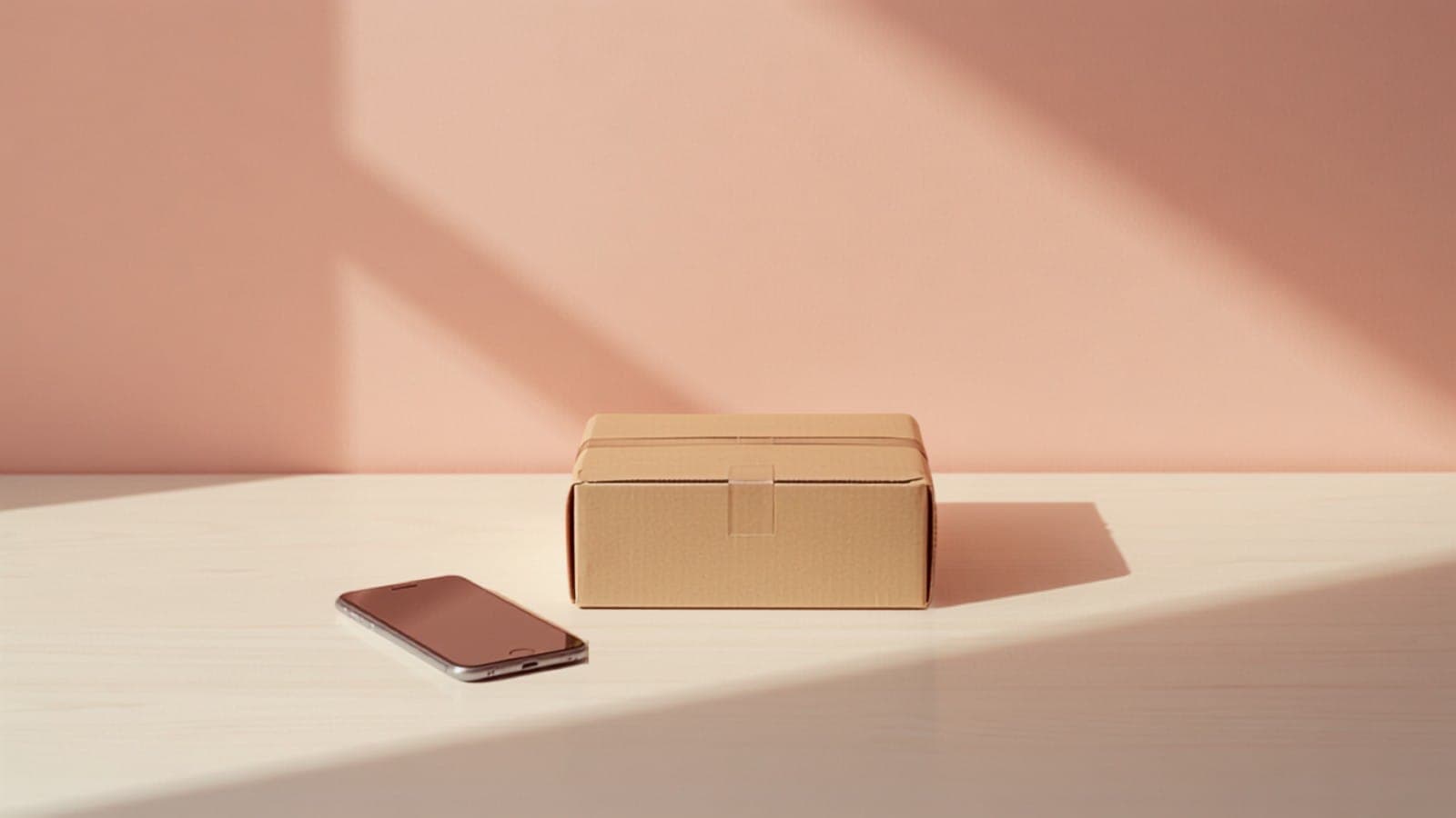 An unopened plain cardboard parcel and a phone lying face down on a pale wooden table, illustrating the moment an Indian creator decides whether a barter collaboration is worth the shoot