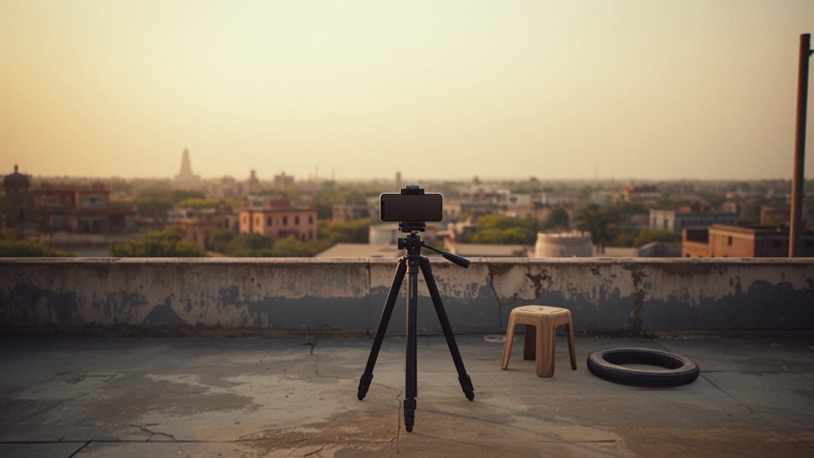 A smartphone clamped to a tripod filming from a concrete rooftop terrace over a small Indian town at golden hour, illustrating how creators in tier-2 and tier-3 cities shoot brand content far from the metros