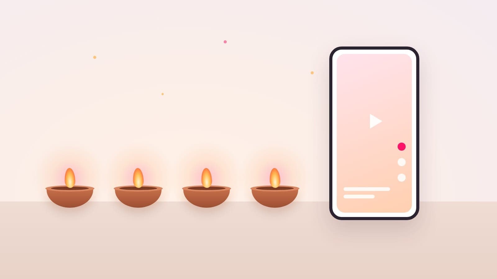 Four lit clay diyas in a row on a pale table beside a phone playing a short video, for a Diwali influencer marketing plan
