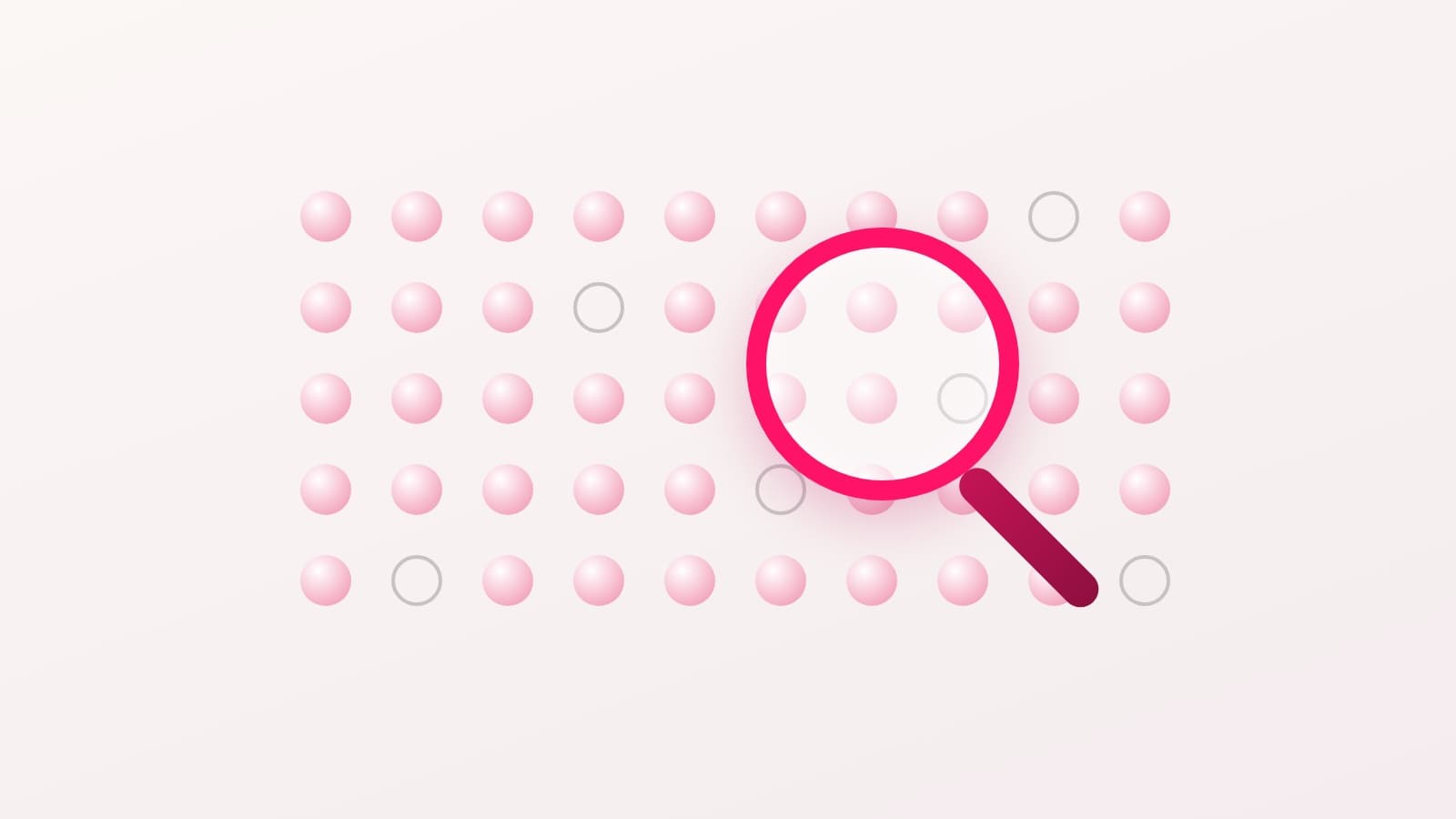 A magnifying glass held over a grid of round profile icons, most warm pink and a few grey and hollow, for a post on checking your own Instagram followers for fakes