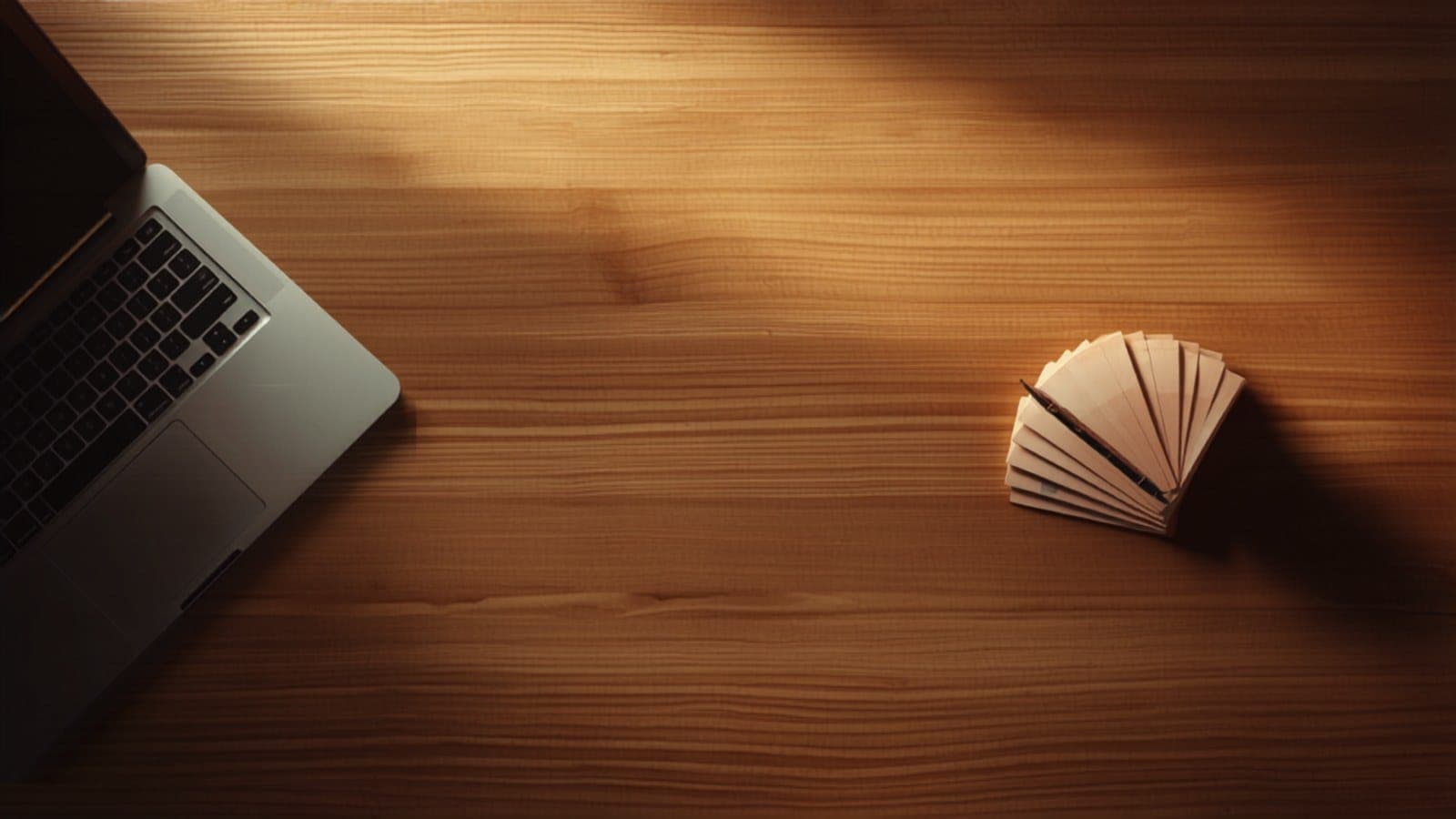 An open laptop at the edge of a warm wooden desk with a small fan of printed cards beside it in raking afternoon light, illustrating how a brand narrows a long list of Indian creators down to a short one