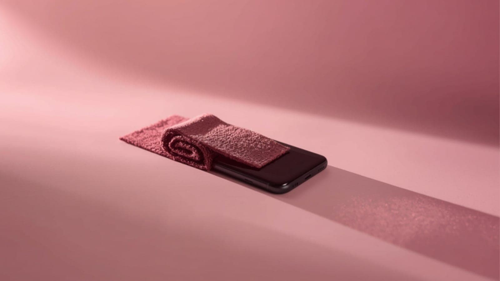 A small rolled pink carpet unrolling across a smartphone on a soft pink studio backdrop, symbolising a creator getting started on Qolab