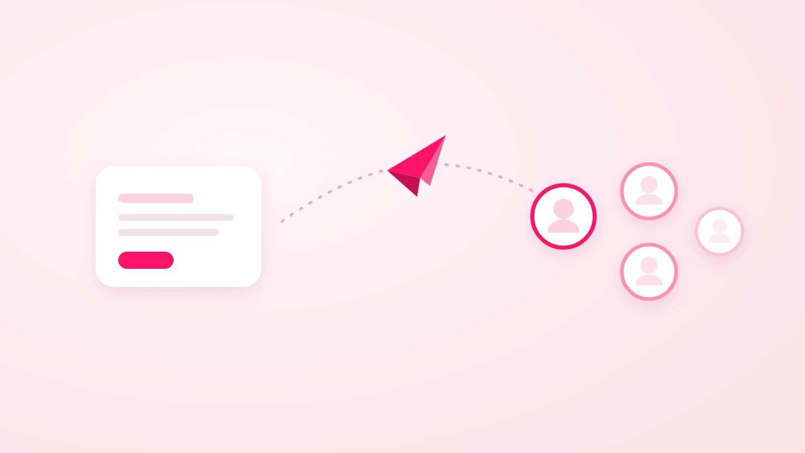 A pink paper plane flying from a small white card towards a group of round creator avatars on a pale blush background, showing a brand sending a message to creators