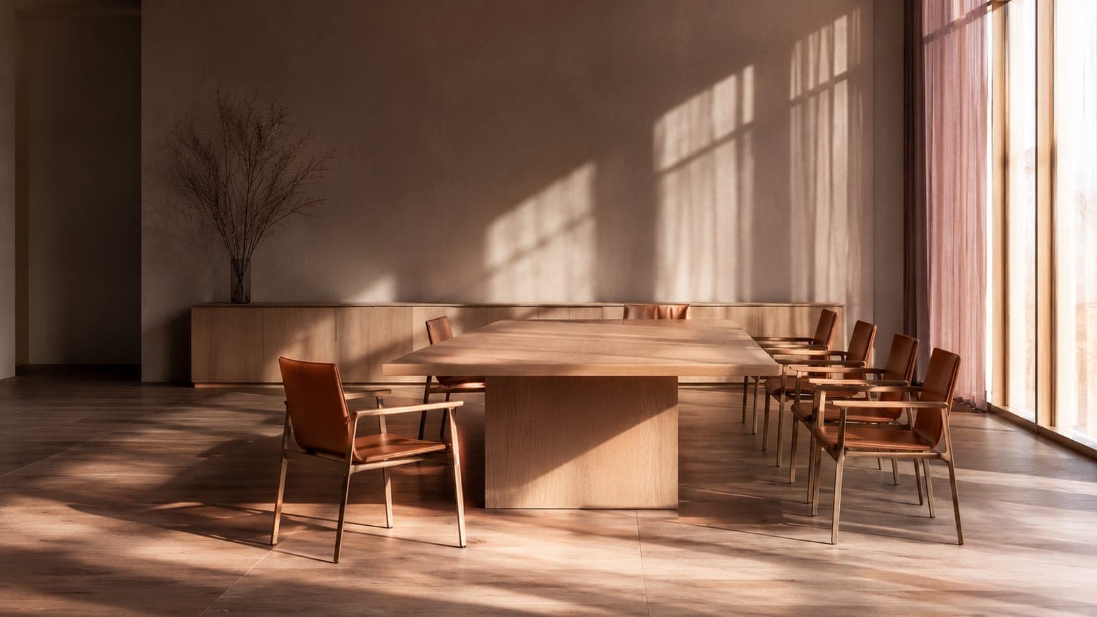 A modern boardroom table with an empty chair pulled out, soft afternoon window light