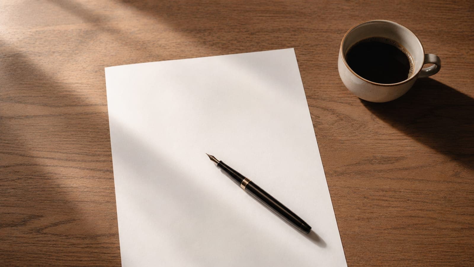 A blank white brief sheet and a fountain pen on an oak desk in window light, standing in for the influencer campaign brief an Indian brand writes before any creator is booked