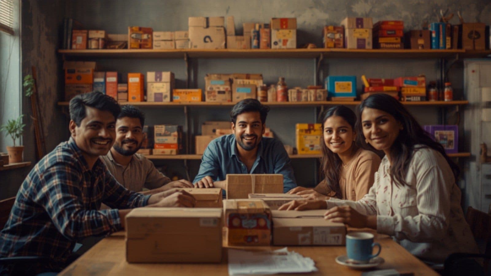 Small D2C product boxes arranged in a shipping row on a soft pink studio backdrop, illustrating how Indian direct-to-consumer brands scale past their first hundred orders with creator marketing