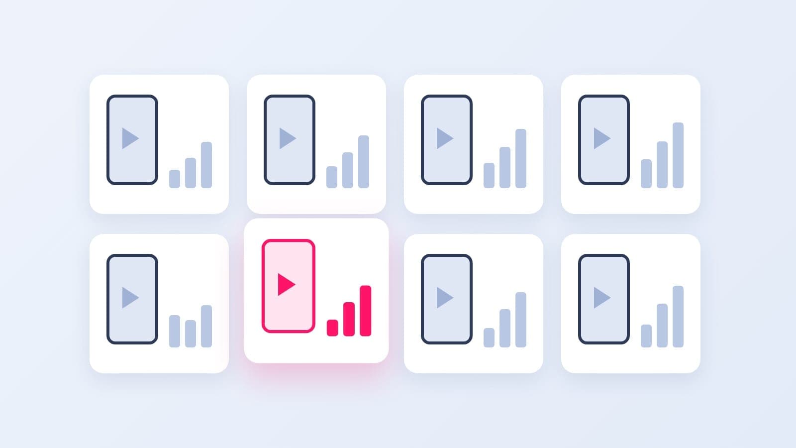 Eight white cards in two rows, each showing a phone playing a video beside three rising bars, with one card lifted forward in pink