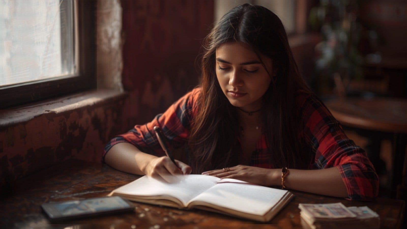 A small stack of Indian rupee notes beside a smartphone on a soft pink studio desk, illustrating how brands plan a small influencer marketing budget in India