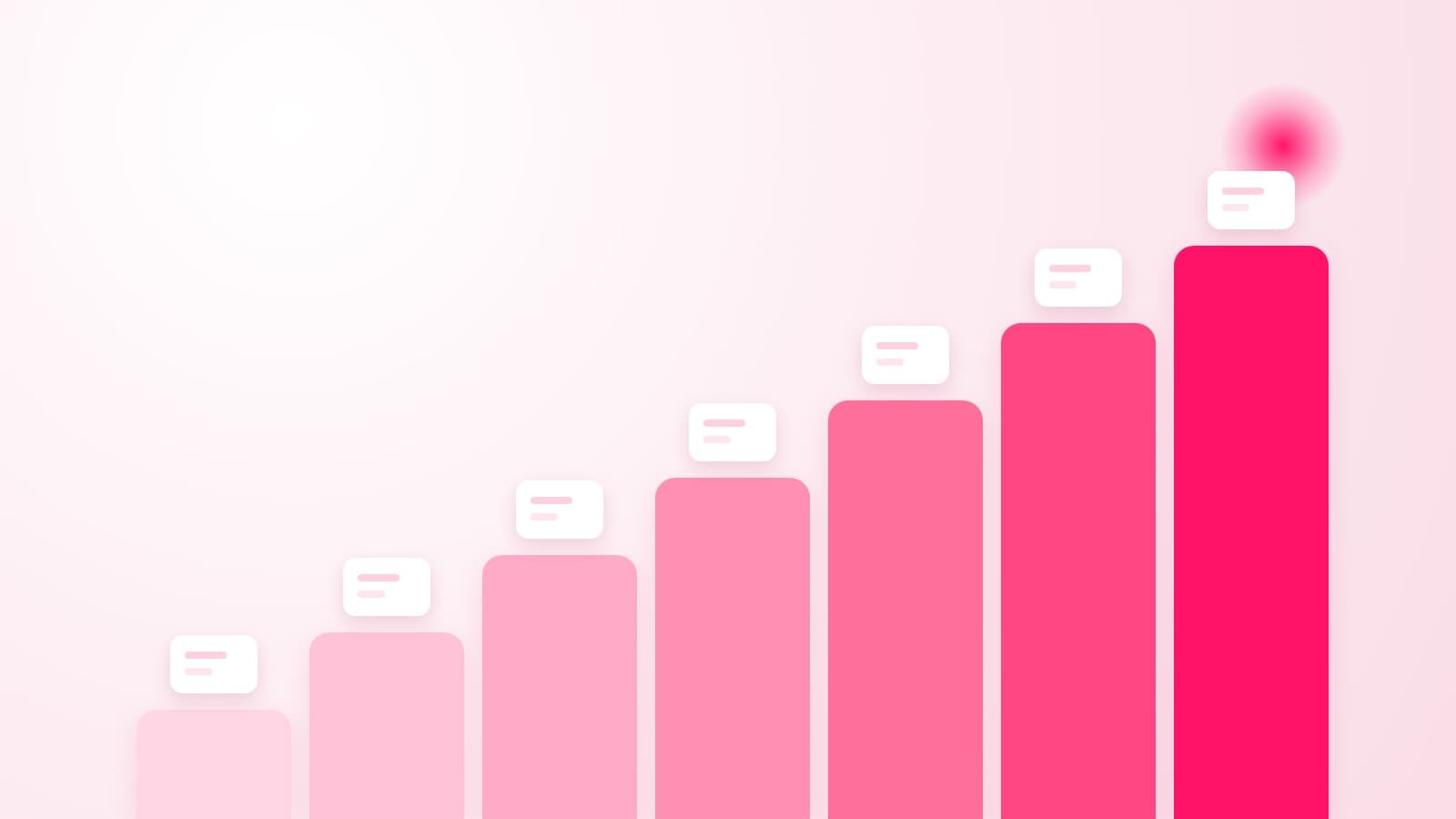 Seven pink steps rising from left to right, each holding a small white card, showing an influencer marketing strategy built one decision at a time