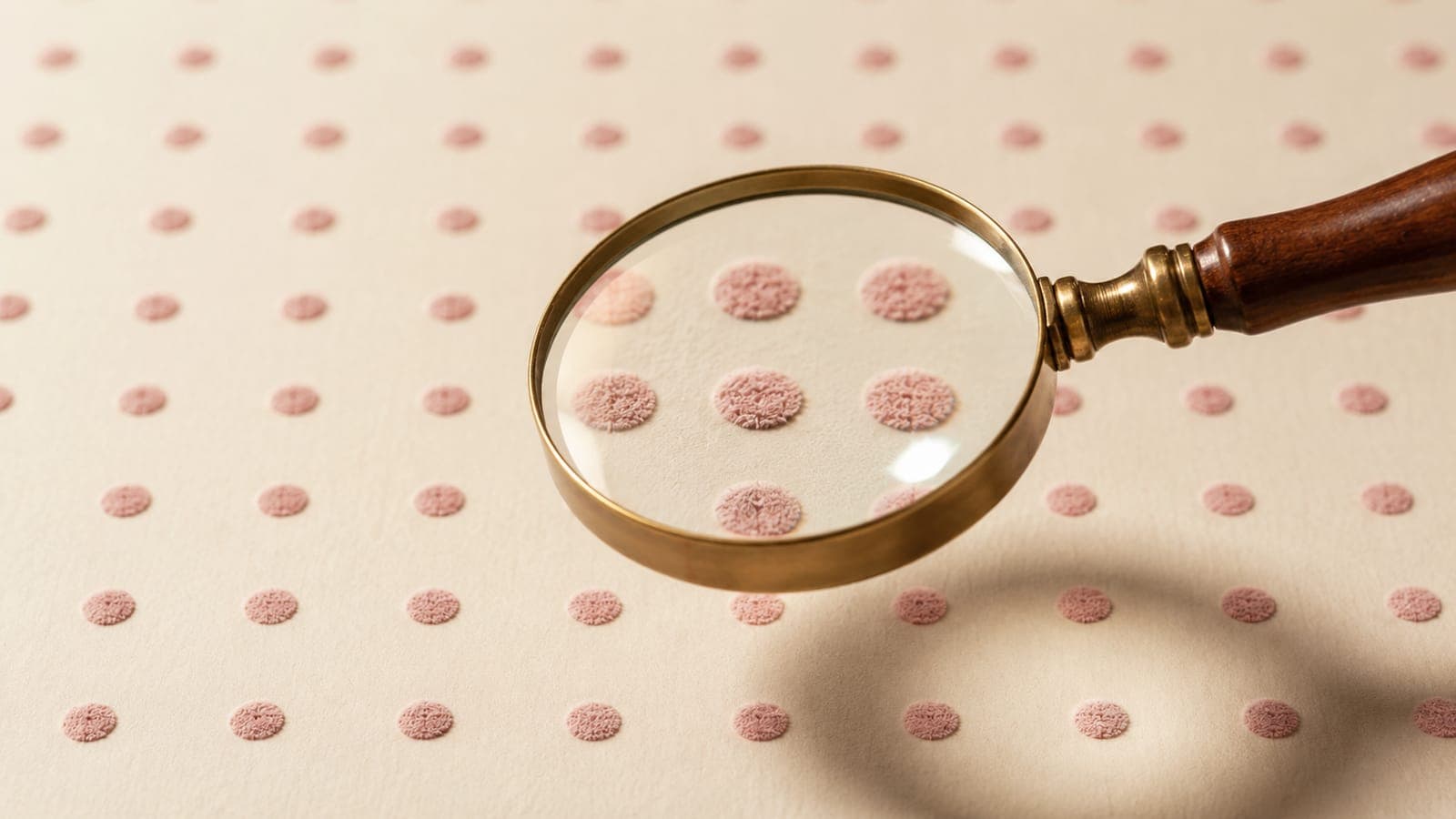 A magnifying glass hovering over an abstract grid of small soft pink dots on a clean white surface