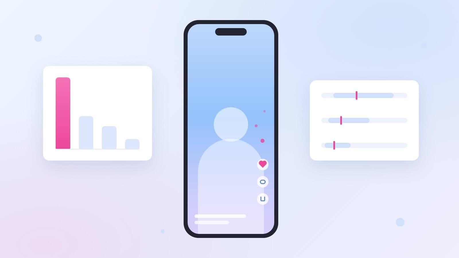 A phone showing a reel with heart and comment icons, beside a card with four bars falling from tall to short and a card showing a shaded range band