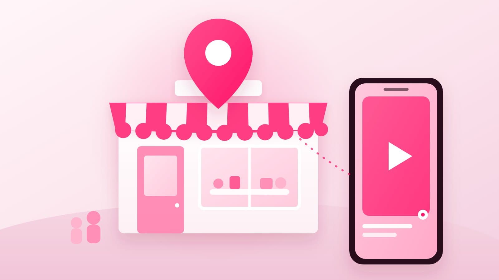 A small shop front with a striped awning, a map pin above it and a phone showing a short video, for a post on influencer marketing for a local business in India