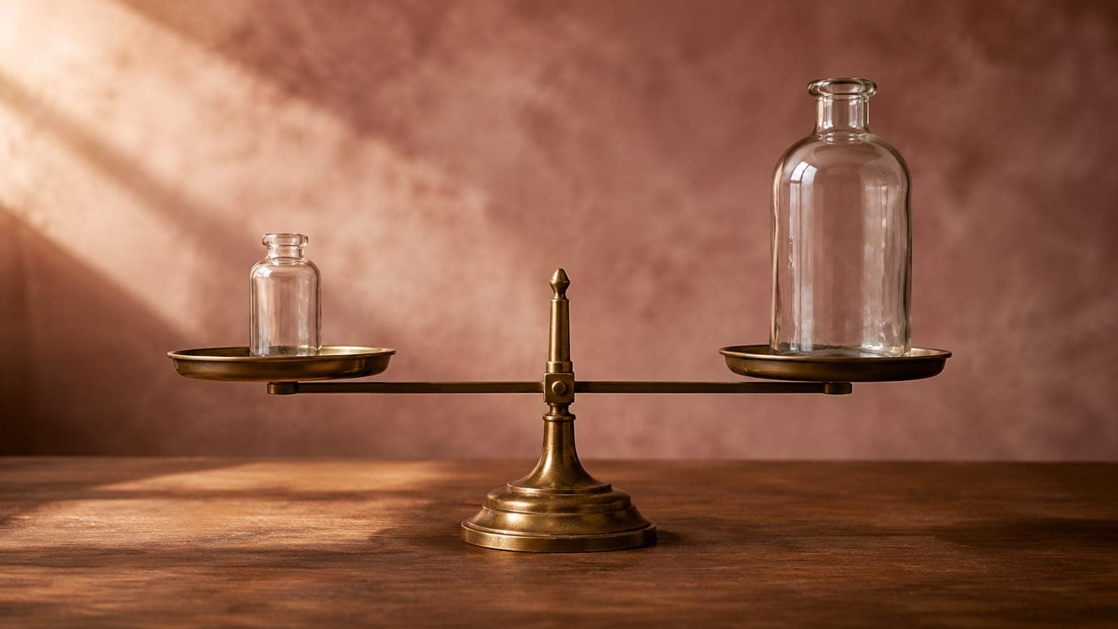 Two glass bottles of different sizes balanced on a wooden scale against a soft pink studio backdrop