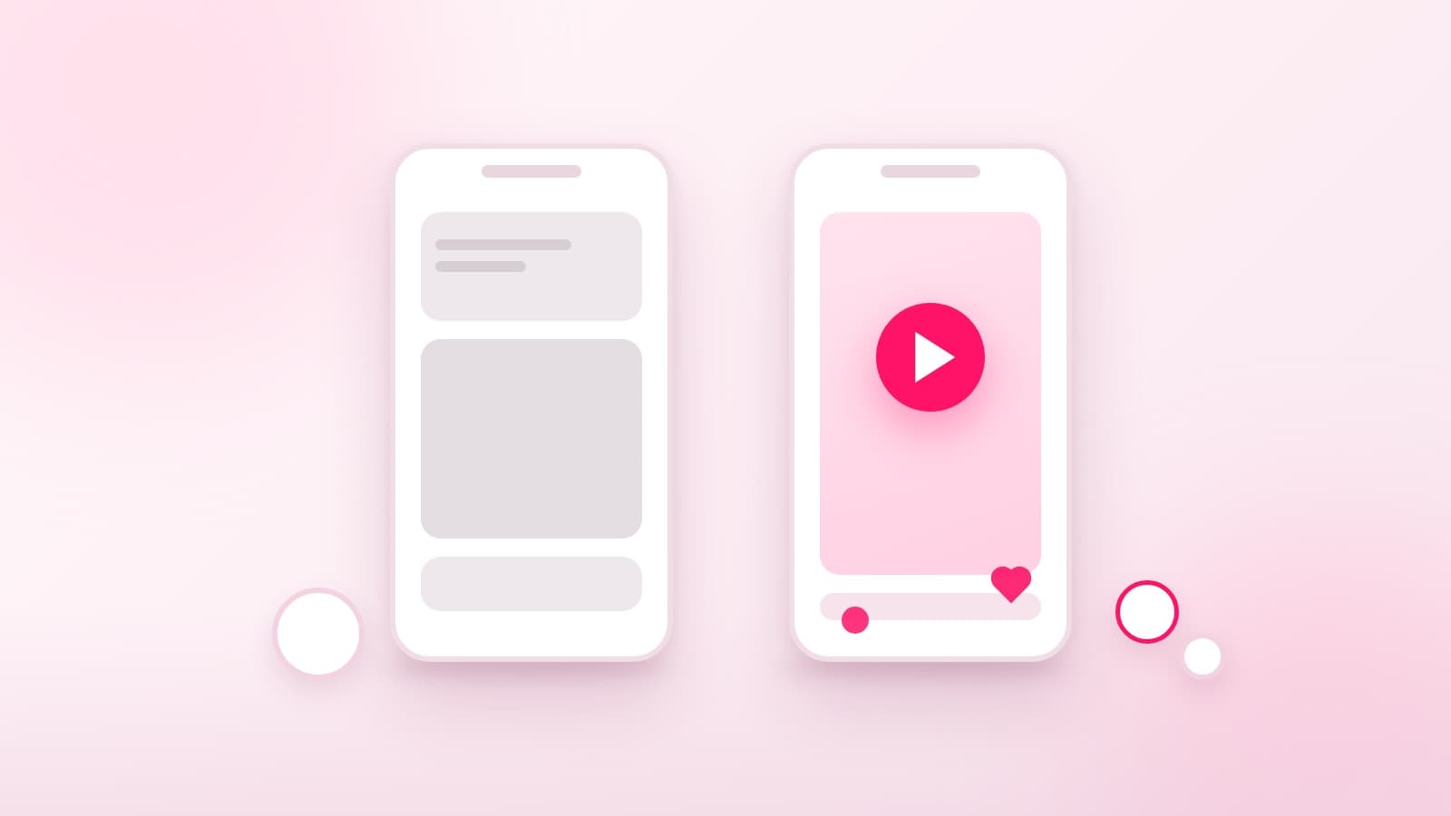 Two phone-shaped cards side by side on a pale surface, one plain grey for a boosted ad and one with a pink play button for a creator reel, showing the two kinds of paid promotion on Instagram