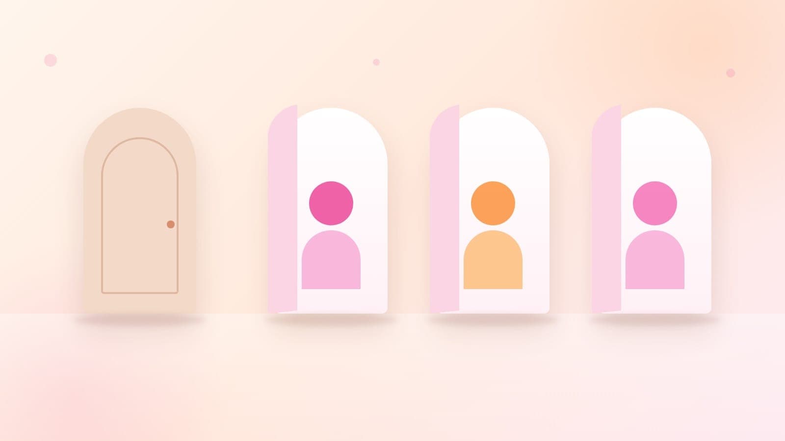 A pale peach desk with one closed door shape and three open doorway shapes beside it, standing in for a closed platform and the open options