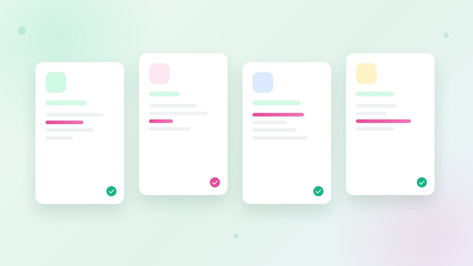 Four pale cards laid side by side on a mint desk, each holding a different simple shape, like options on a comparison sheet
