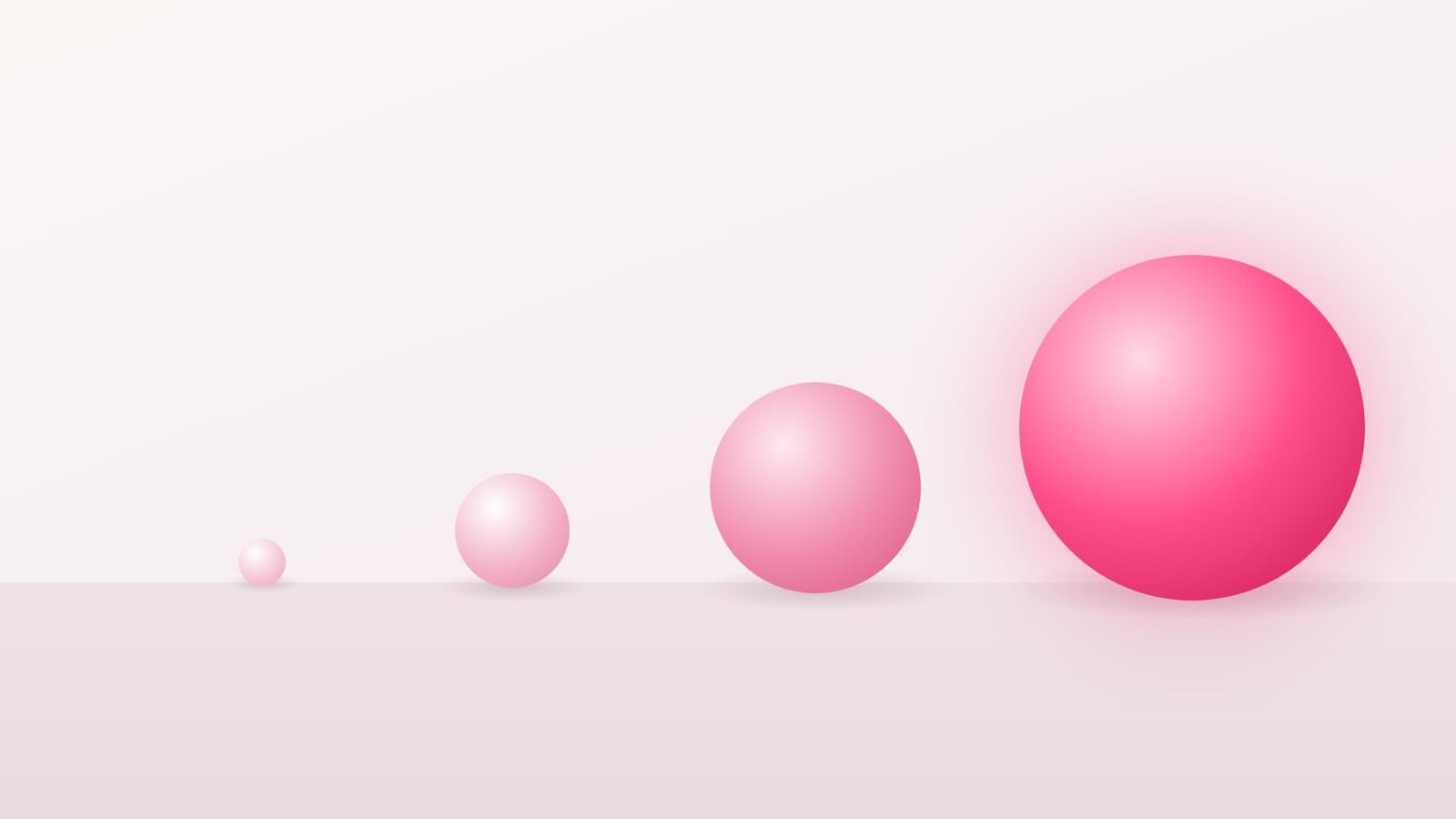 Four pink spheres in a row rising in size from a small bead to a large glowing sphere, for a post on the four types of influencers from nano to mega