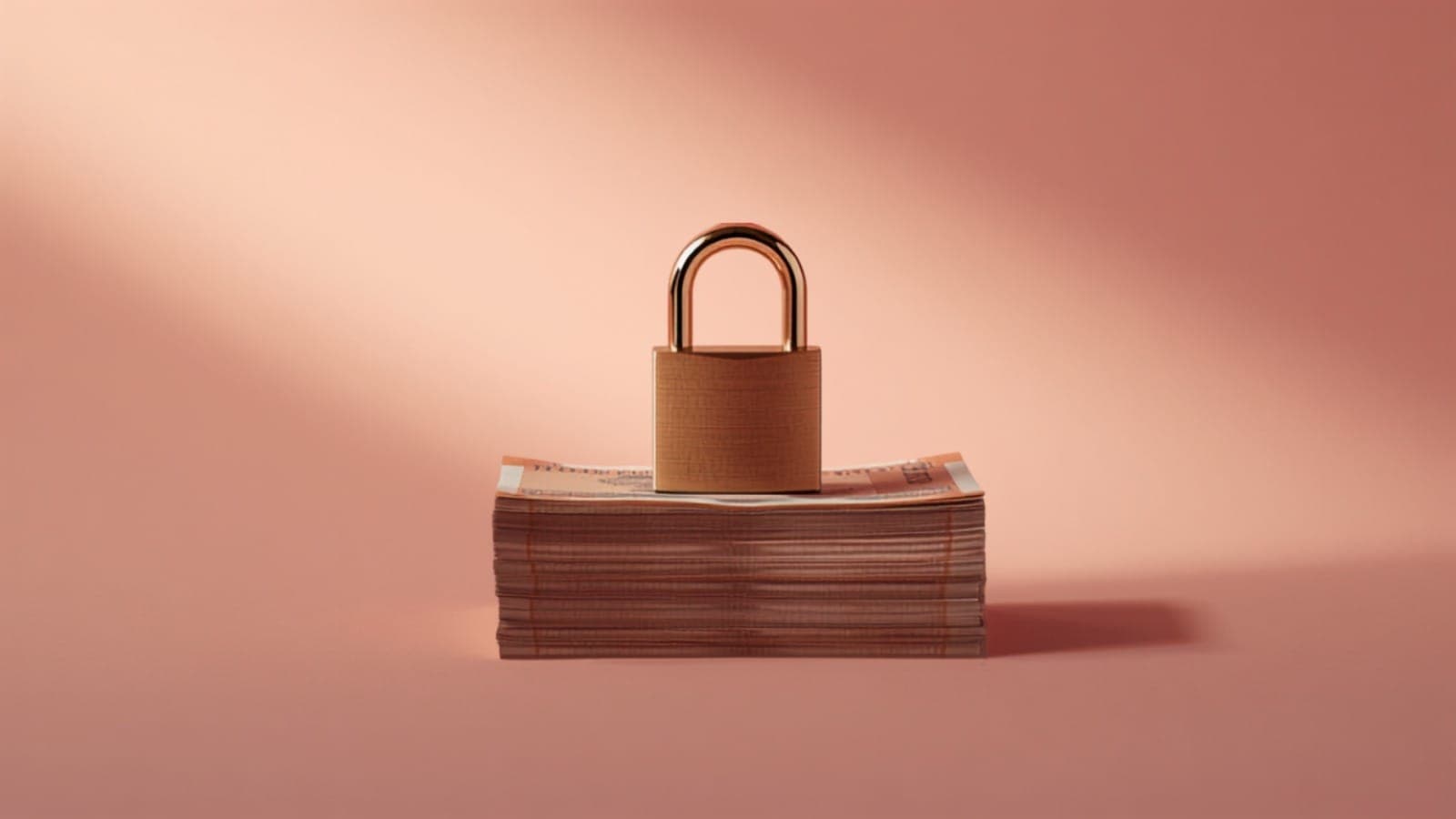 A brass padlock standing on a neat stack of Indian rupee notes against a soft pink backdrop, symbolising protected creator payments on Qolab