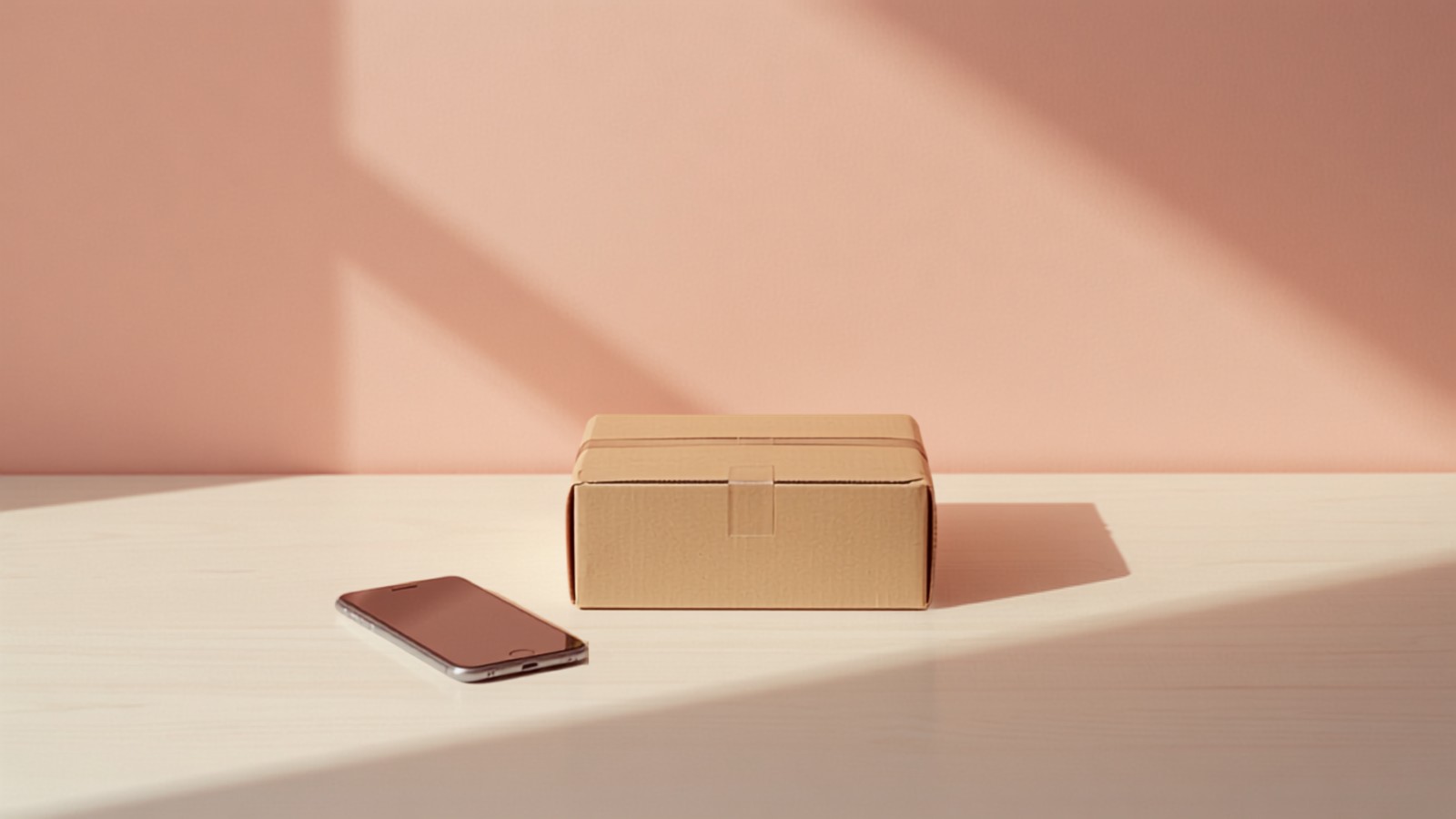 An unopened plain cardboard parcel and a phone lying face down on a pale wooden table, illustrating the moment an Indian creator decides whether a barter collaboration is worth the shoot