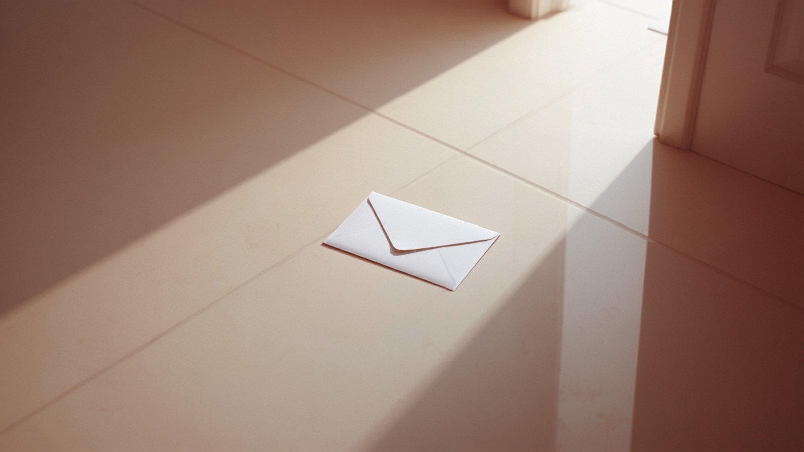 A single unopened white envelope lying on a pale tiled floor just inside a doorway in morning light, illustrating the unanswered payment reminders Indian creators send brands after delivering work