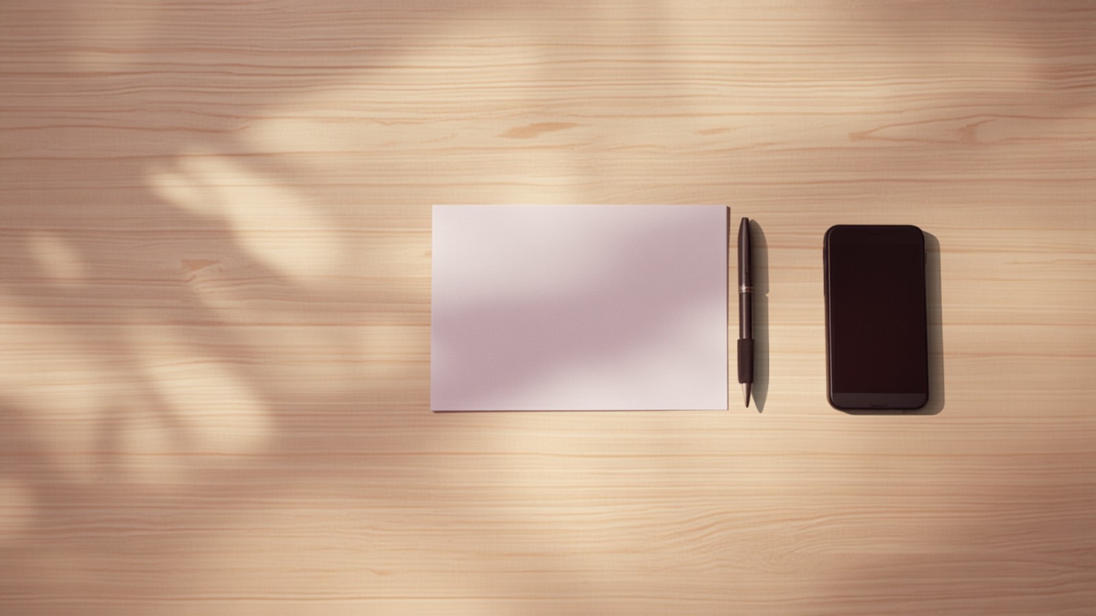 A blank sheet of paper, a pen and a phone lying face down on a pale wooden desk in soft daylight, illustrating the paperwork an Indian creator faces when working out whether their earnings have crossed the GST registration threshold