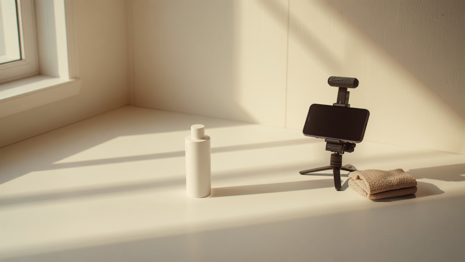 A phone clamped to a small tripod filming an everyday product on a sunlit kitchen counter, illustrating how an Indian UGC creator shoots brand footage at home without an audience