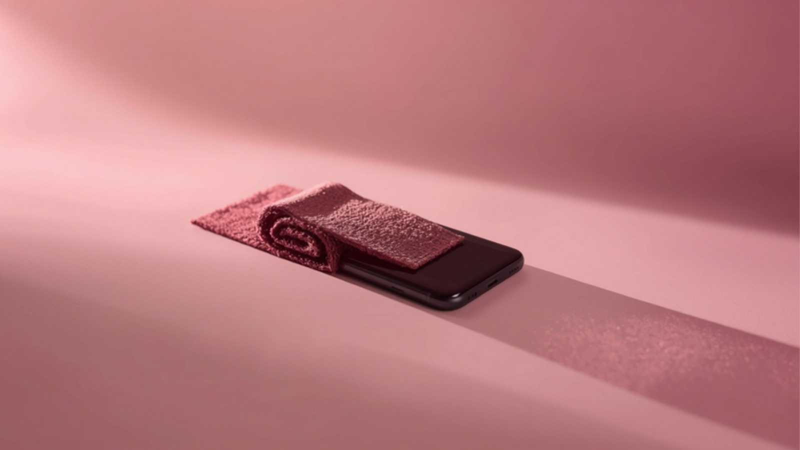 A small rolled pink carpet unrolling across a smartphone on a soft pink studio backdrop, symbolising a creator getting started on Qolab