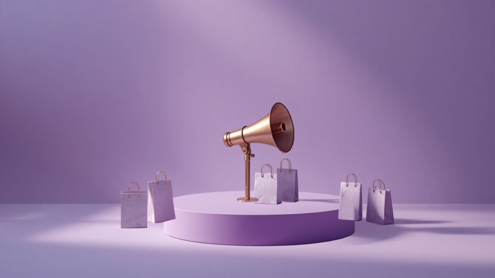 A brass megaphone on a lavender podium surrounded by miniature shopping bags, symbolising a brand launching an influencer campaign on Qolab