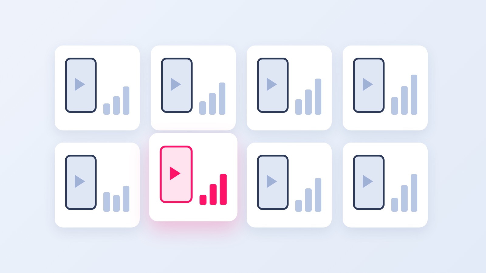 Eight white cards in two rows, each showing a phone playing a video beside three rising bars, with one card lifted forward in pink