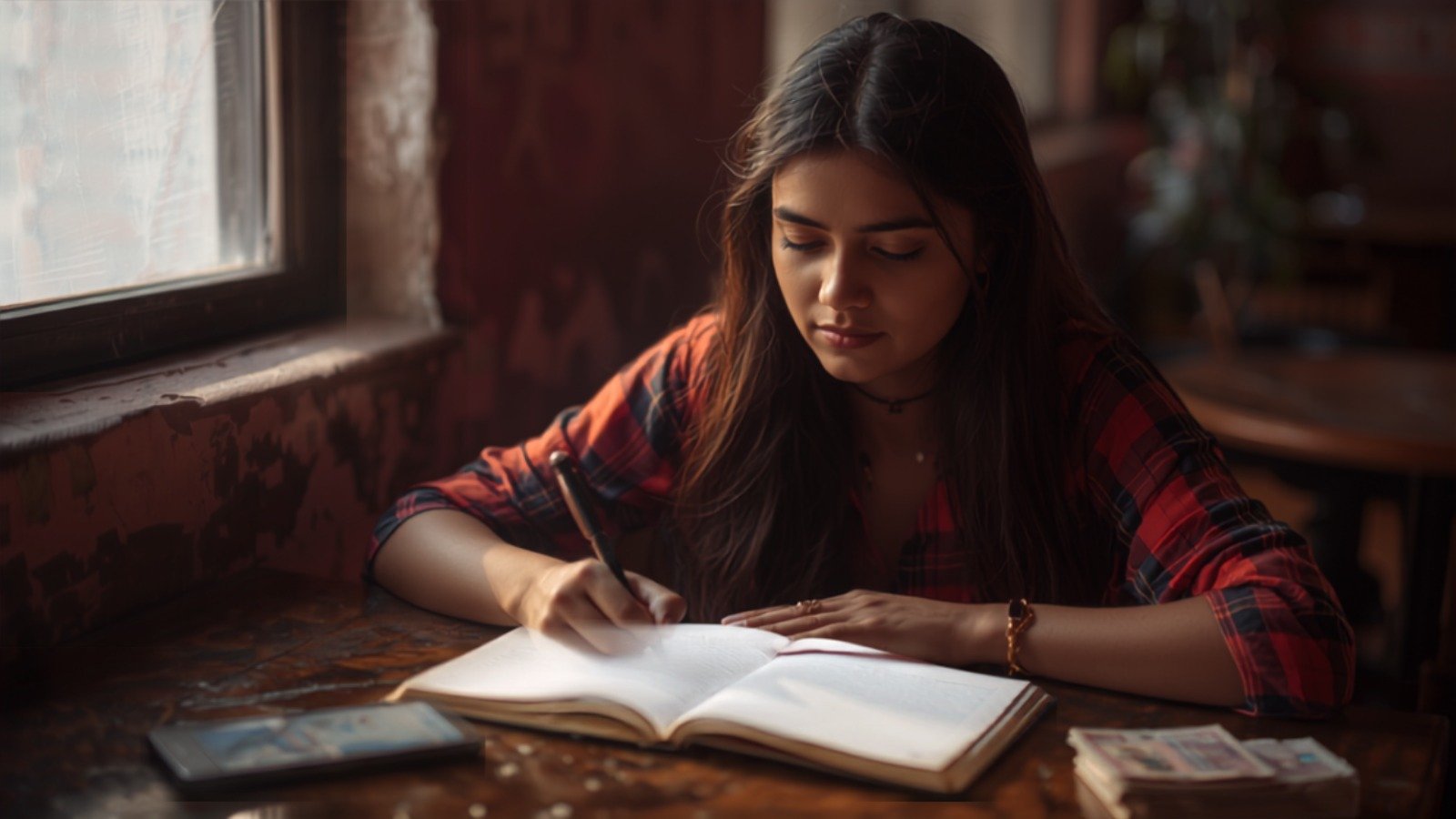 A small stack of Indian rupee notes beside a smartphone on a soft pink studio desk, illustrating how brands plan a small influencer marketing budget in India
