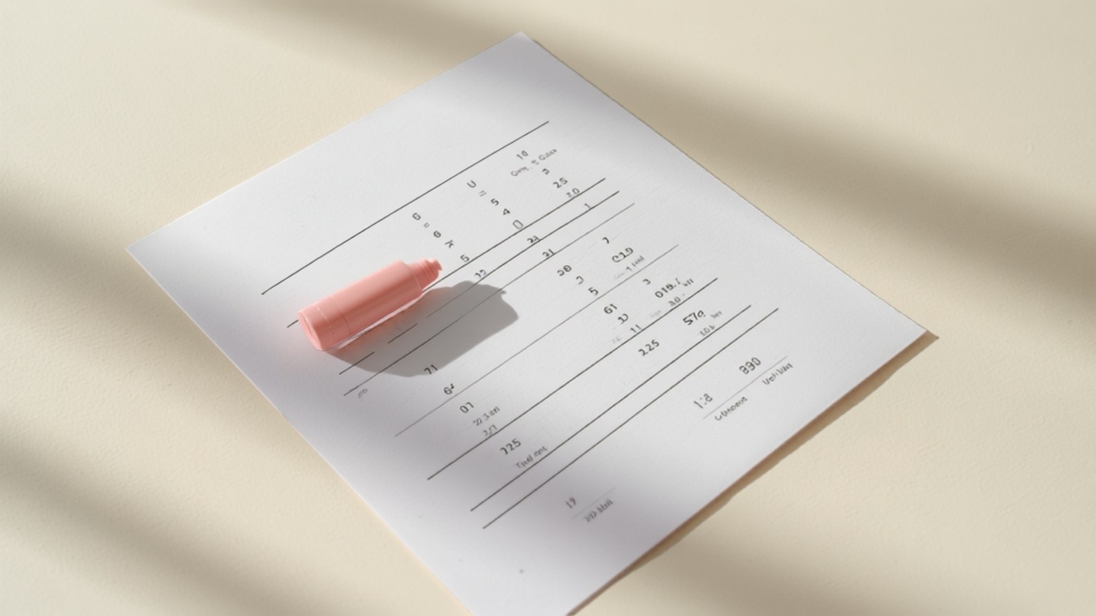 A single printed report page lying on a clean desk with a pink highlighter resting across one column of figures