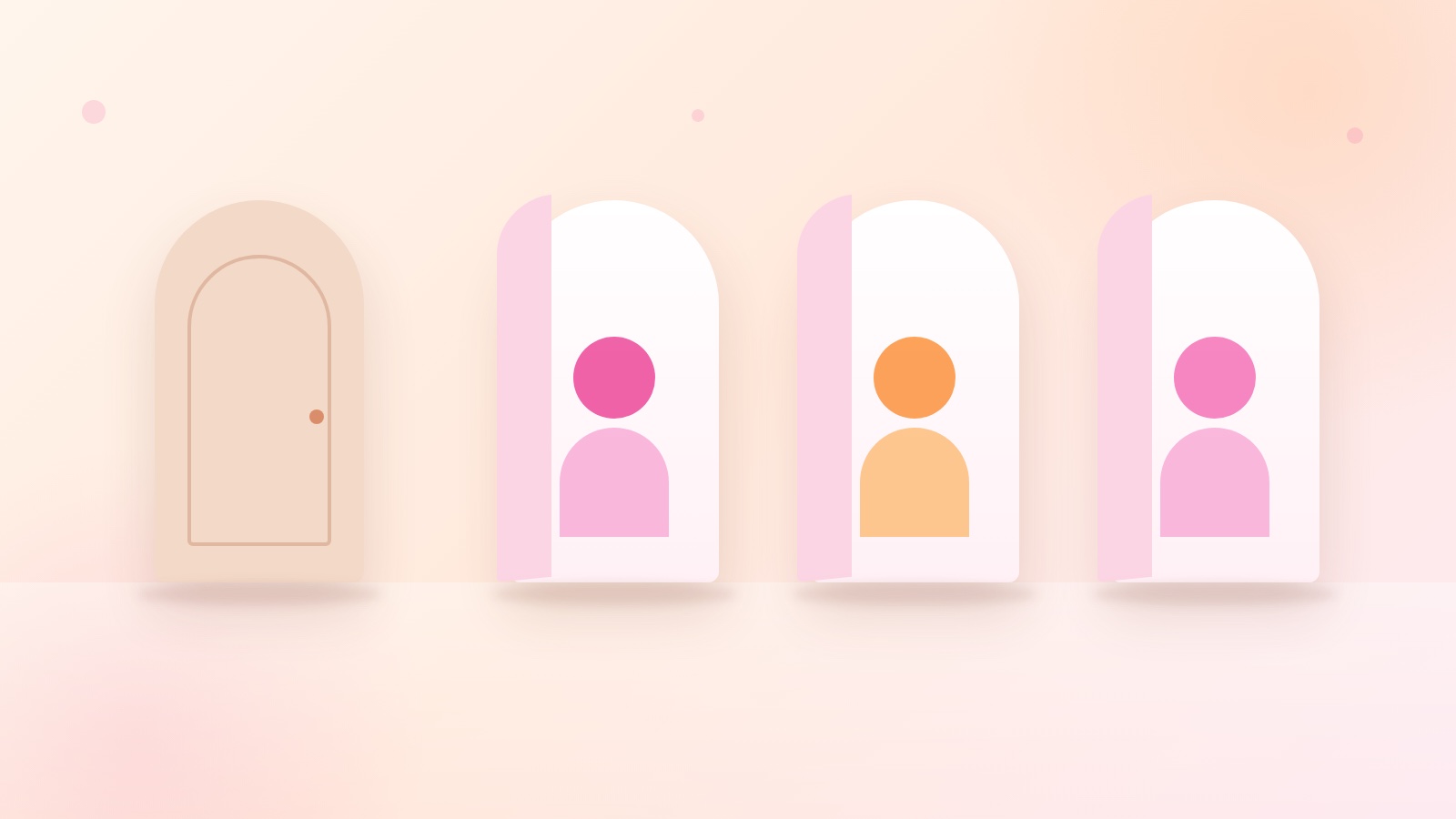 A pale peach desk with one closed door shape and three open doorway shapes beside it, standing in for a closed platform and the open options
