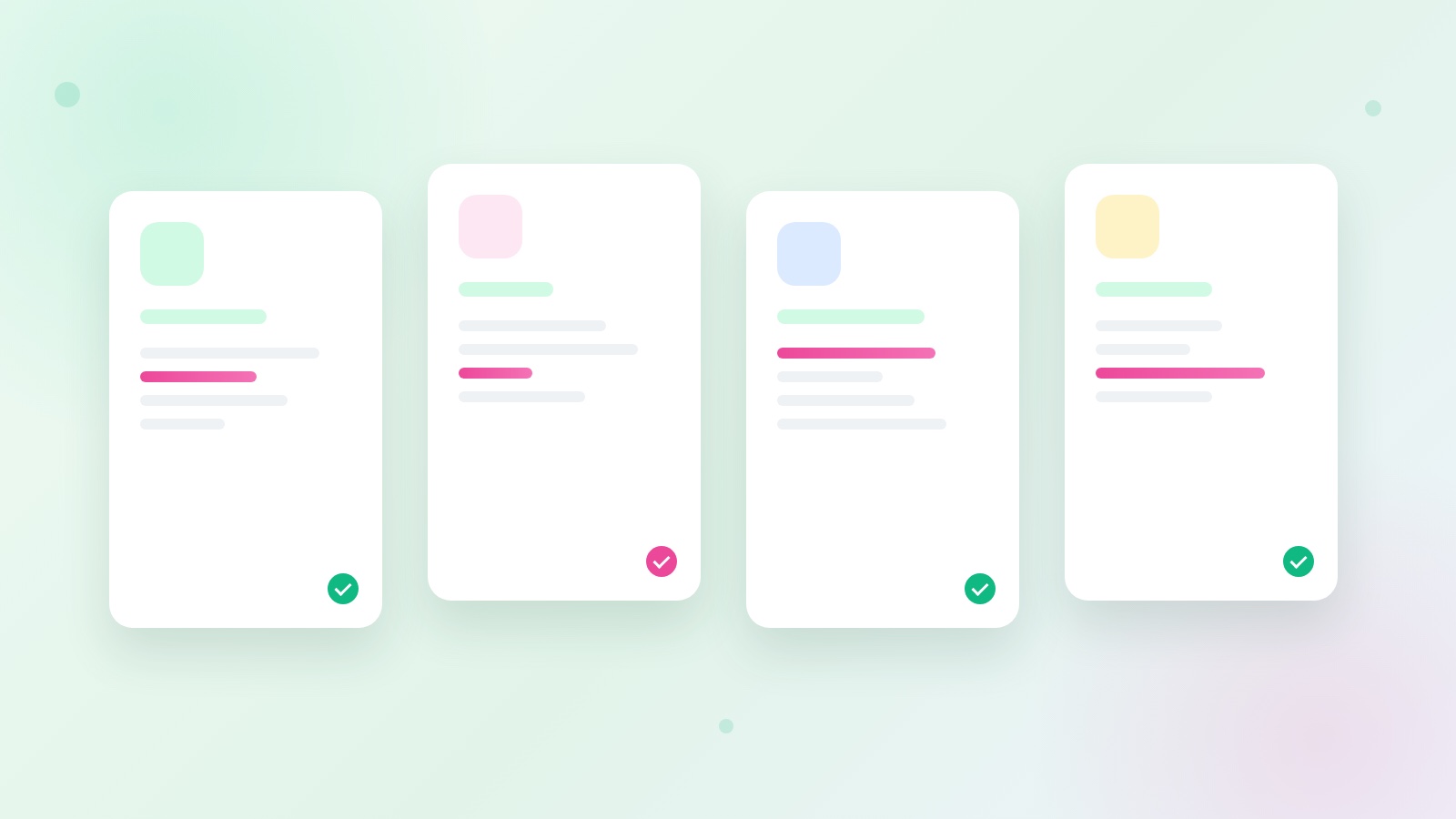 Four pale cards laid side by side on a mint desk, each holding a different simple shape, like options on a comparison sheet