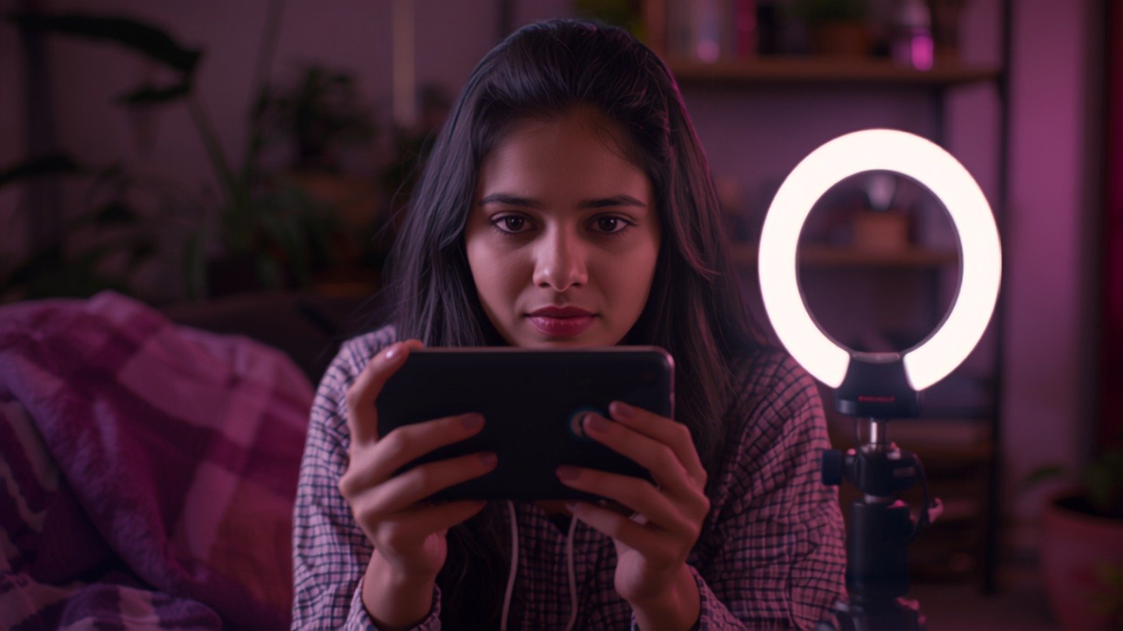 A smartphone on a tripod filming a product on a soft pink studio desk, illustrating the difference between UGC creation and influencer marketing for Indian brands