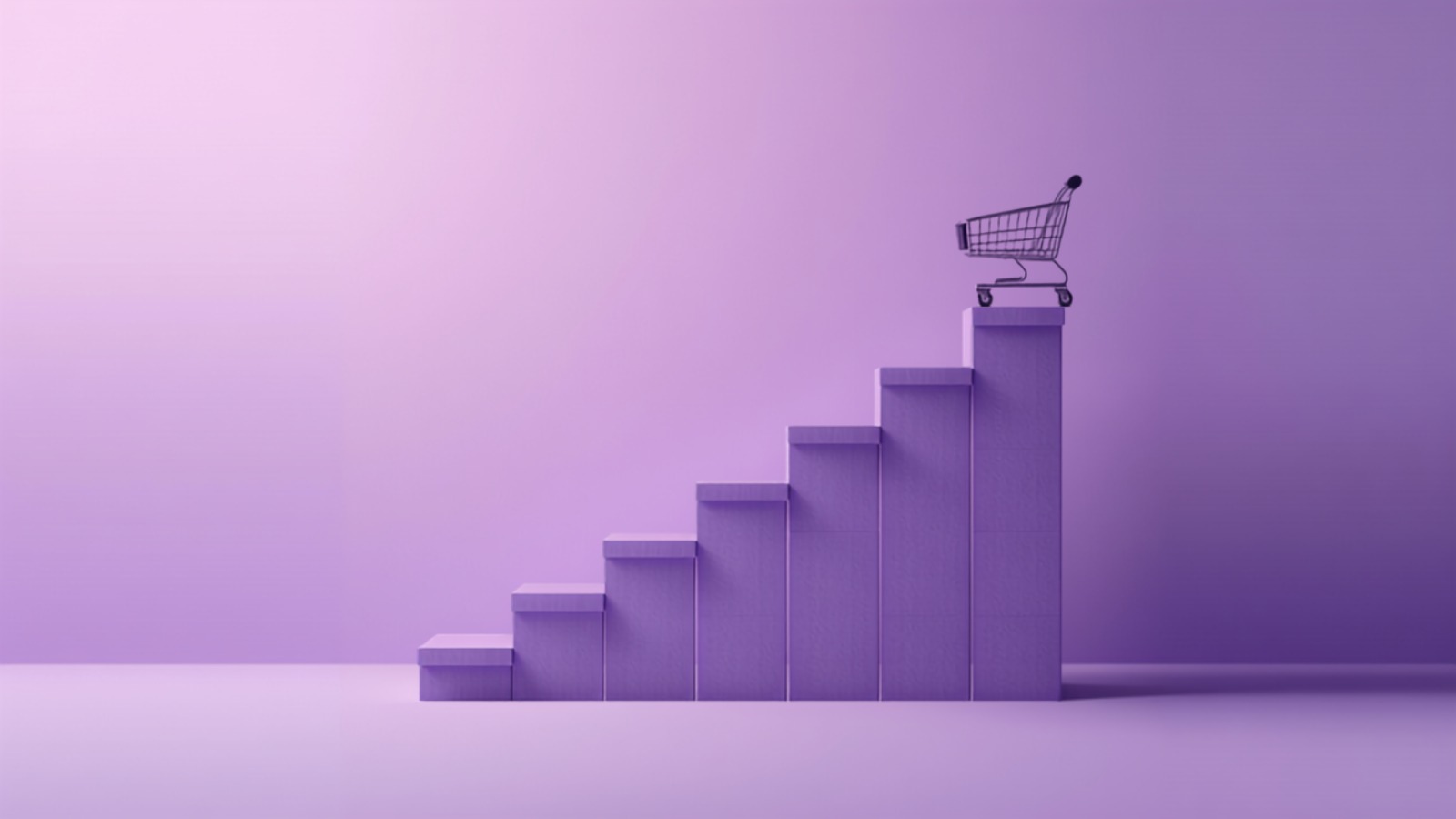 A rising purple staircase of blocks with a small shopping cart on the top step, symbolising influencer marketing driving growth for Indian brands