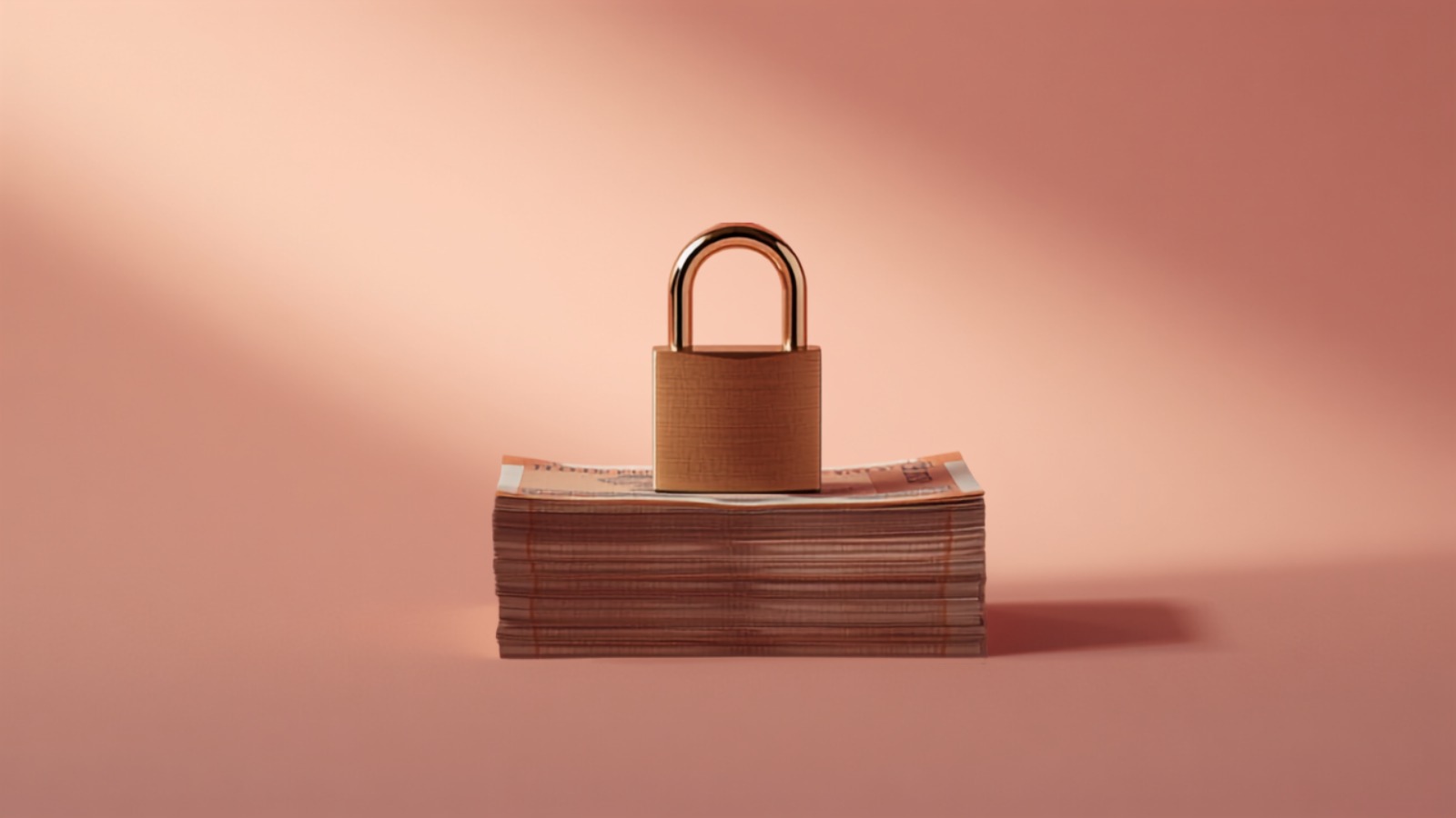 A brass padlock standing on a neat stack of Indian rupee notes against a soft pink backdrop, symbolising protected creator payments on Qolab